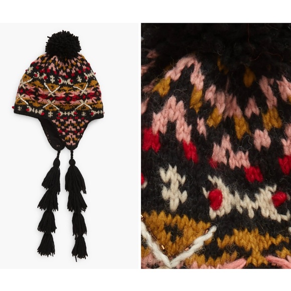 FRENCH KNOT SEDONA TRAPPER WOOL HAT w/ TASSEL TIES FLEECE LINED PINK BLACK NWT main image 4